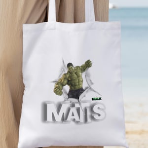 Anpassbare Einkaufstasche aus Baumwolle mit Vornamen und Marvel Hulk | Cabas-Leinentasche | Einkaufstasche | Digital