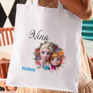 Anpassbare Einkaufstasche aus Baumwolle mit Vornamen und Elsa Anna Frozen, Frozen Disney | Cabas-Leinentasche | Einkaufstasche | Digital