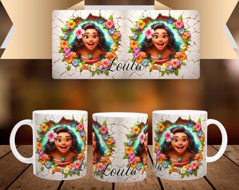 Personalized mug with first name and character in white ceramic of 32cl (11oz) - Vaiana / Moana from Disney - Customizable cup - Gift