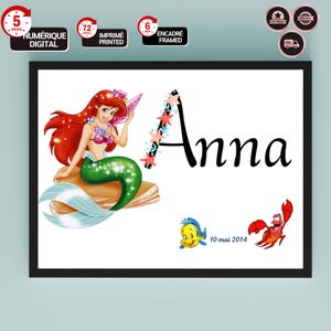 Póster personalizable con nombre y fecha de nacimiento con Ariel de Disney | Decoración de dormitorios | Regalo de cumpleaños personalizado