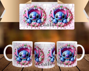 Personalized mug with first name and character in white ceramic of 32cl (11oz) - Disney Stitch - Customizable cup - Gift