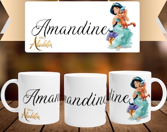 Personalized mug with first name and character in white ceramic of 32cl (11oz) - Jasmine from Disney's Aladdin - Customizable mug - Gift