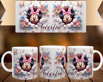 Personalized mug with first name and character in white ceramic of 32cl (11oz) - Disney Minnie - Customizable cup - Gift