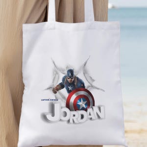 Anpassbare Baumwoll-Tragetasche mit Vornamen und Captain America von Marvel | Cabas-Leinentasche | Einkaufstasche | Digital