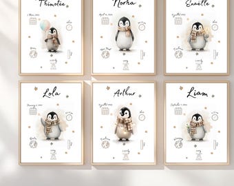 Personalized birth announcement poster with name and details | Girl's/Boy's room | Baby room illustration | Personalized gift
