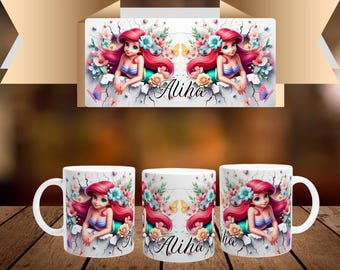 Personalized mug with first name and character in white ceramic of 32cl (11oz) - Ariel The Little Mermaid from Disney - Customizable mug - Gift