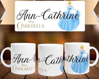 Personalized mug with first name and character in white ceramic of 32cl (11oz) - Cinderella Cinderella from Disney - Customizable cup - Gift