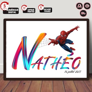 Anpassbares Poster mit Vornamen und Geburtsdatum mit Marvels Spiderman | Schlafzimmerdekoration | Personalisiertes Geburtstagsgeschenk