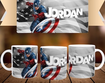 Personalized mug with first name and character in white ceramic of 32cl (11oz) - Captain America Avengers Marvel - Customizable cup - Gift