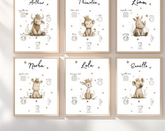 Personalized birth announcement poster with name and details | Girl's/Boy's room | Baby room illustration | Personalized gift