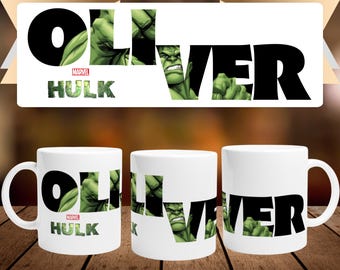 Personalized mug with name and character in white ceramic, 32cl (11oz) - Hulk Avengers Marvel - Customizable mug - Gift
