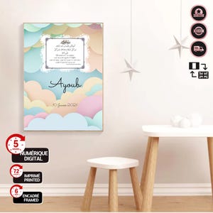 Póster de cumpleaños personalizable con nombre y detalles | Caligrafía islámica | Recuerdo musulmán | Habitación infantil bebé | Regalo personalizado