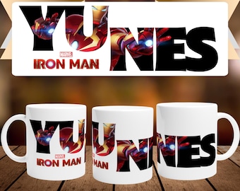Personalized mug with first name and character in white ceramic of 32cl (11oz) - Iron Man Avengers Marvel - Customizable cup - Gift
