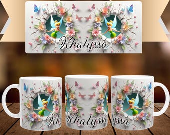 Personalized mug with first name and character in white ceramic of 32cl (11oz) - Tinker Bell Disney - Customizable cup - Gift