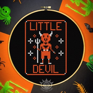 Wzór do haftu krzyżykowego Little Devil, łatwy wykres haftu krzyżykowego DMC, upiorny nowoczesny wystrój na Halloween, haft, plik PDF do wydrukowania