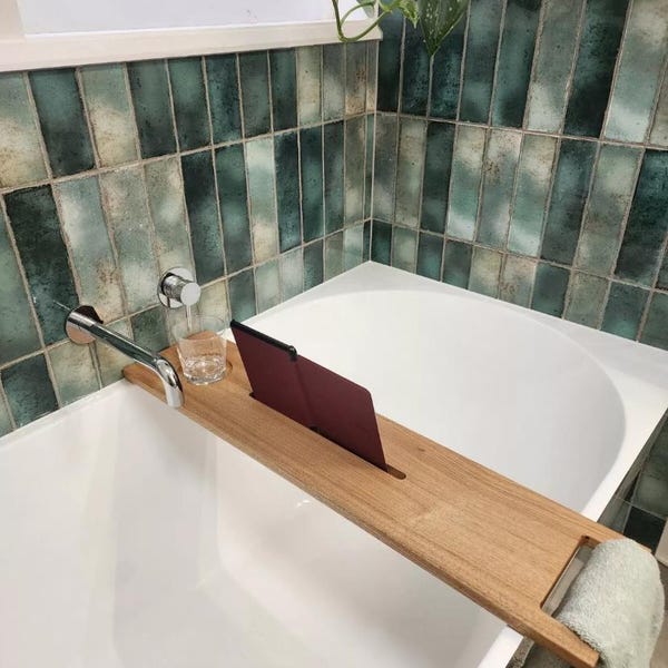 Tasmanian Oak Bath Caddy: Handmade Wooden Bath Tray with Towel Rack