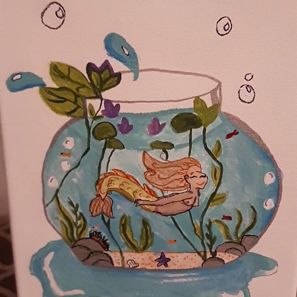 Fishbowl Mermaid 6x7 Canvas