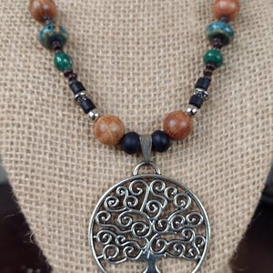 Tree of Life, with Olive Wood, Green Aventurine,  and pottery beaded necklace,  handmade gemstone necklace,  beaded gemstone and wood.