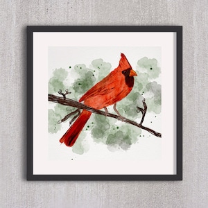 Red Cardinal Print, Watercolor Cardinal on Branch, Cardinal in Tree Painting, Nature Forest Print, Woodland Print, Watercolor Bird Art Print