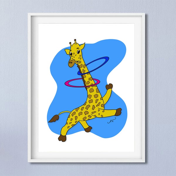 Dancing Giraffe with Hula Hoops, Childrens room decor, Kids bedroom, playroom, Nursery wall art, Instant Digital Download