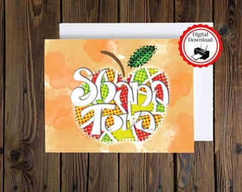Rosh Hashanah Apple Watercolor Card, Jewish New Year (Digital Download)