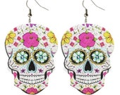 3 quot Sugar Skull Earrings Lightweight Flower Gothic Womens Halloween Costume Party Jewelry Pink White