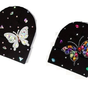 Womens Beanie Jeweled Butterfly Rhinestone Fashion Black Knitted Teens Warm Winter Cap Skullie Hat