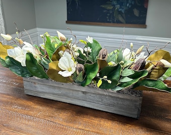 Year round faux magnolia table arrangement in a 20” wood box, all seasons arrangement, housewarming gift, mother’s day gift, farmhouse style