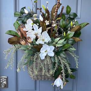 Magnolia wreath for front door with realistic white magnolia blooms nestled in green magnolia leaves with pods, ferns,blossoms all handmade. image 4