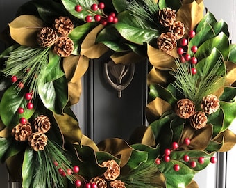 Magnolia Christmas Wreath For Front Door, Year Round Front Door Wreath, Winter Wreath Front Door, Farmhouse Wreath with pine and berries.