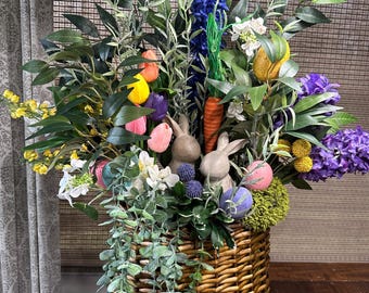 Easter front door basket, Willow basket overflowing with tulips, greenery, bunnies and more! Also great for indoor decor. Comes in two sizes