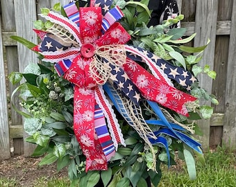 Eucalyptus Front Door Wreath with Interchangeable Bow, 4th of July Door Decor