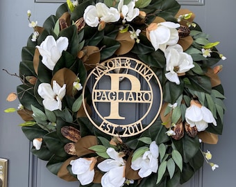 Personalized Magnolia Wreath | Handmade Magnolia Wreath | White Blooms and Green Leaves | Front Door Decor