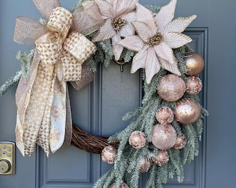 Snowy Pink Christmas  Wreath,  24” Front Door Decor