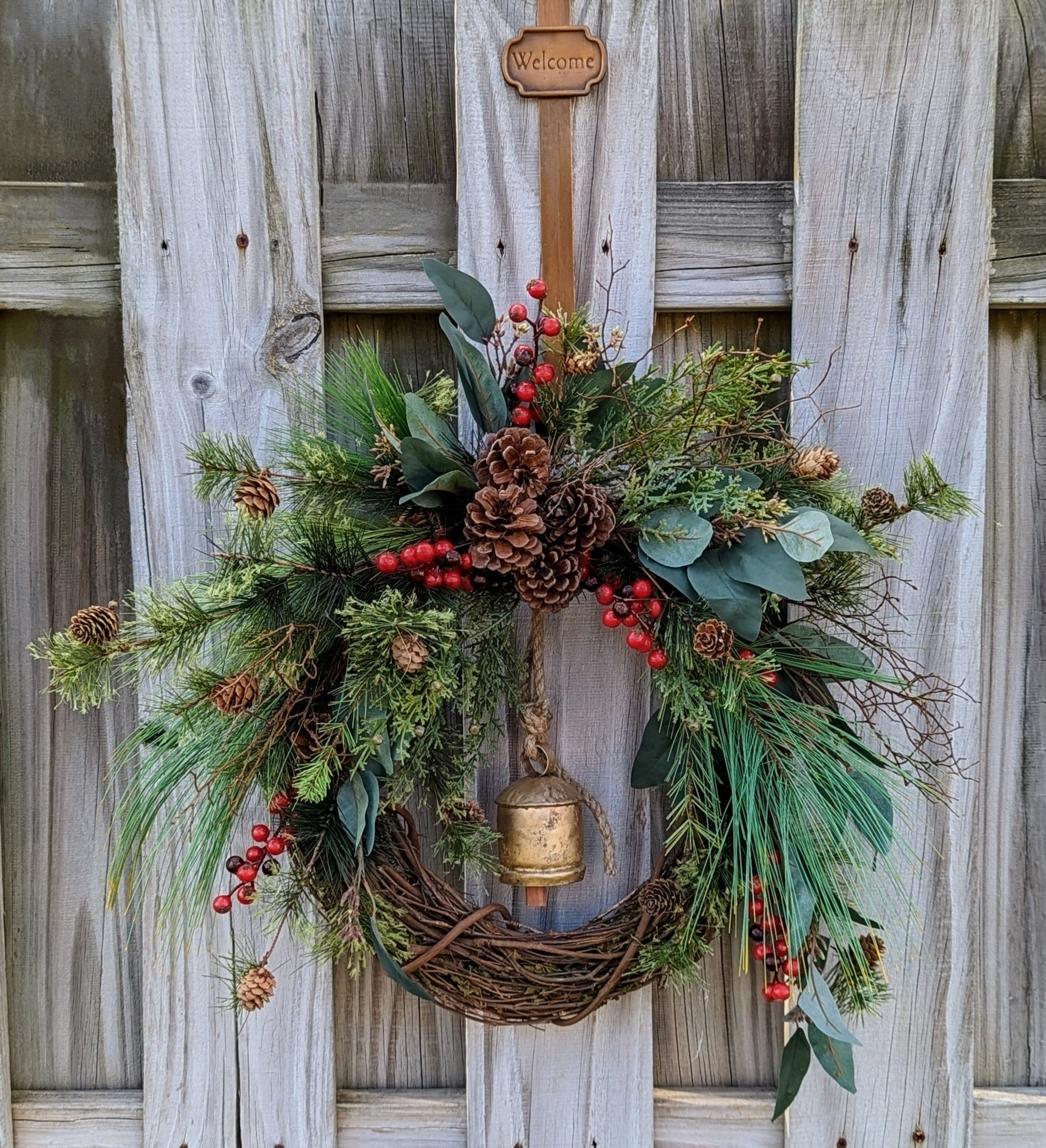 Rustic Holiday Winter Wreath With Brass Bell. Faux Natural Wreath