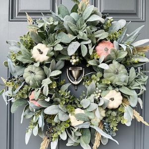 Fall lamb’s ear and pumpkin front door boho wreath, Autumn modern farmhouse wreath, Pumpkin rustic style wreath, Thanksgiving wreath