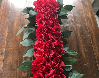 Kentucky Derby Red Rose Centerpiece for your festive celebration, long wooden box filled with red roses to use as decorations for your party