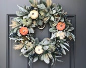 Fall lamb s ear and pumpkin front door boho wreath, Autumn modern farmhouse wreath, Pumpkin rustic style wreath, Thanksgiving wreath,