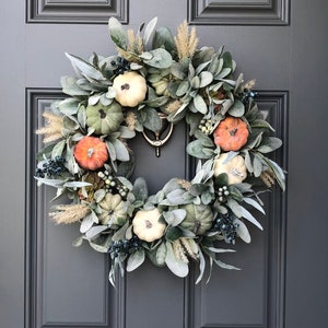 Fall lamb’s ear and pumpkin front door boho wreath, Autumn modern farmhouse wreath, Pumpkin rustic style wreath, Thanksgiving wreath
