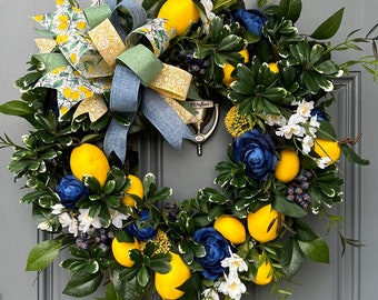 Summer lemon and blueberry wreath for front door, entryway decor, fruit wreath, front porch decor, cottage core, farmhouse style