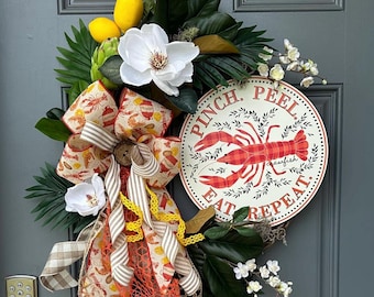 Wreath for front door, Southern low country boil with magnolia, tropical greenery, lemons,crawfish sign and stunning bow, clambake, clamboil