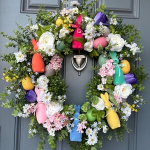 Easter Bunny Wreath with Pastel Florals, Eucalyptus, Boxwood, and Easter Eggs – Handmade Farmhouse Spring Decor, Easter front door wreath
