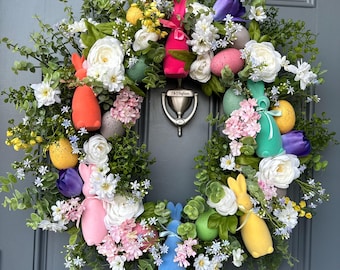 Easter Bunny Wreath with Pastel Florals, Eucalyptus, Boxwood, and Easter Eggs – Handmade Farmhouse Spring Decor, Easter front door wreath