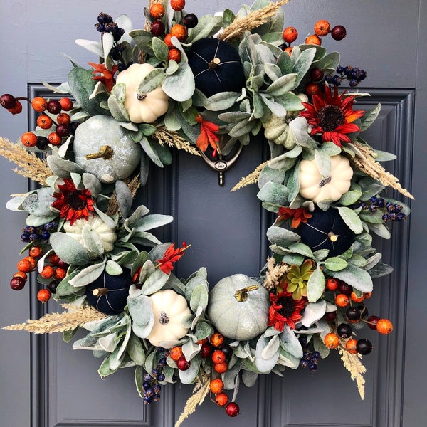 Fall lambs ear and blue pumpkin wreath, front door autumn blue, rust, orange pumpkin wreath, unique pumpkin wreath, thanksgiving wreath