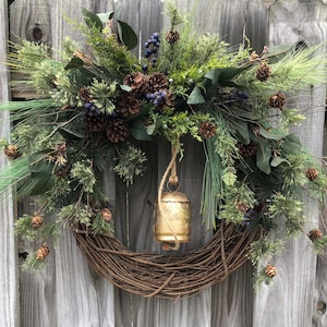 Winter wreath with rustic brass bell  |Housewarming gift | Rustic style front door wreath | Natural evergreen with berries and branches