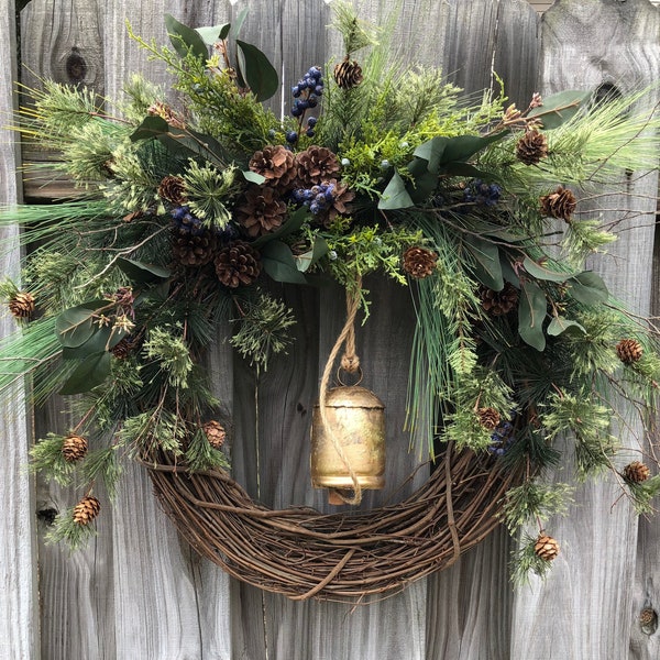 Winter wreath rustic gold bell 20” - 24”-30”-36” front door, Christmas wreath will welcome your guest and can stay up for the entire winter!