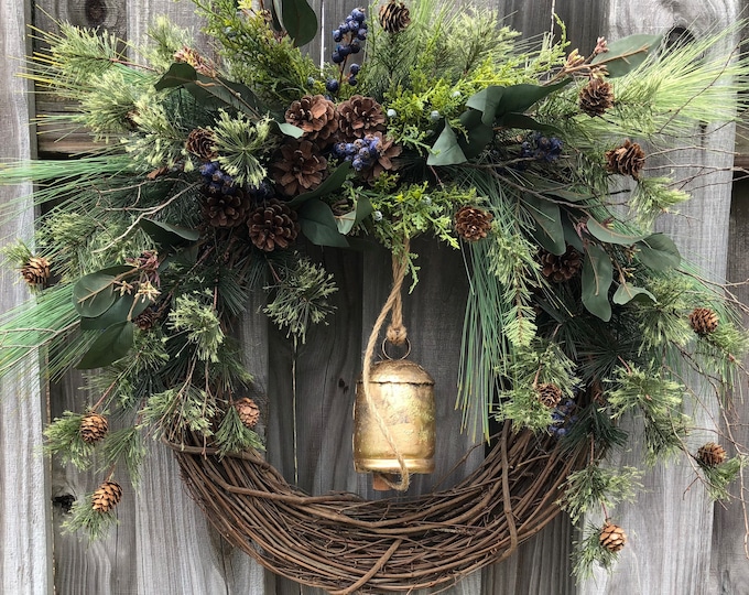 Featured listing image: Winter wreath rustic gold bell 20” - 24”for front door, This Christmas wreath will welcome your guest and can stay up for the entire winter!