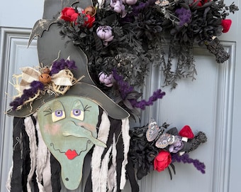 Hand painted Halloween Witch Wreath | Halloween Decor | Witch lovers | Summerween | Crescent Moon  | Primitive Wreath 20”