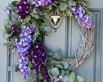 Lilac Spring Wreath with draping Eucalyptus and Ruscus on a Whitewashed Grapevine, Handmade Floral  Decor, Mothers Day Gift, Housewarming