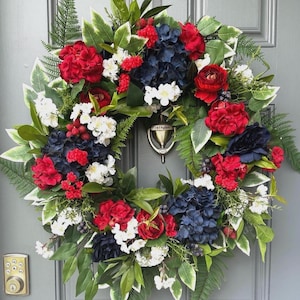 Patriotic Floral Wreath, Red White Blue, Summer Door Decor